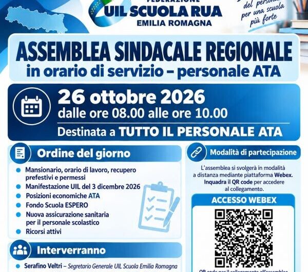 UIL Scuola Emilia Romagna | Assemblea sindacale regionale in orario di servizio Personale ATA lunedì 26 ottobre 2026 dalle 08.00 alle 10.00